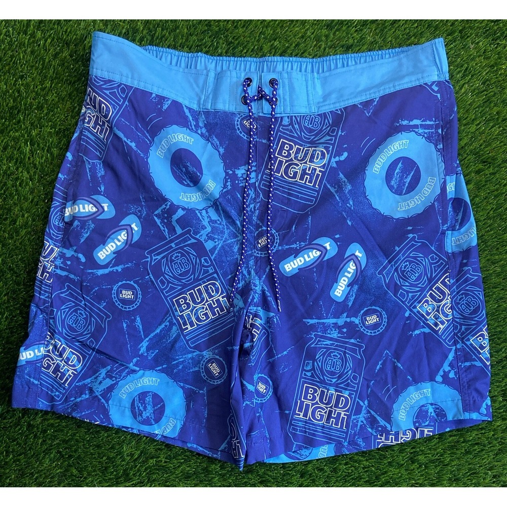 Bud Light Logo Men's Size L Blue Swim Trunks Board Short Drawstring Pool Beach